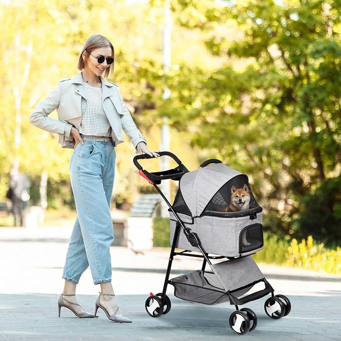 ZENY Pet Stroller, 3 in1 Foldable Dog Cat Jogger Stroller with 4 Wheels | Detachable Basket and Cup Holder, Travel Folding Carrier for Small/Medium Pet (Gray)