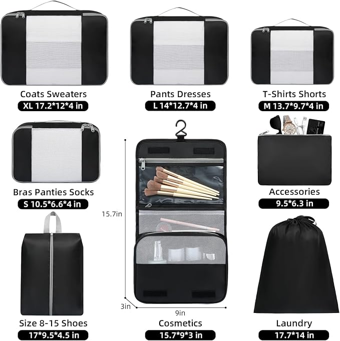 BAGAIL 6 Set/8 Set/10 Set Packing Cubes Various Sizes Packing Organizer for Travel Accessories Luggage Carry On Suitcase