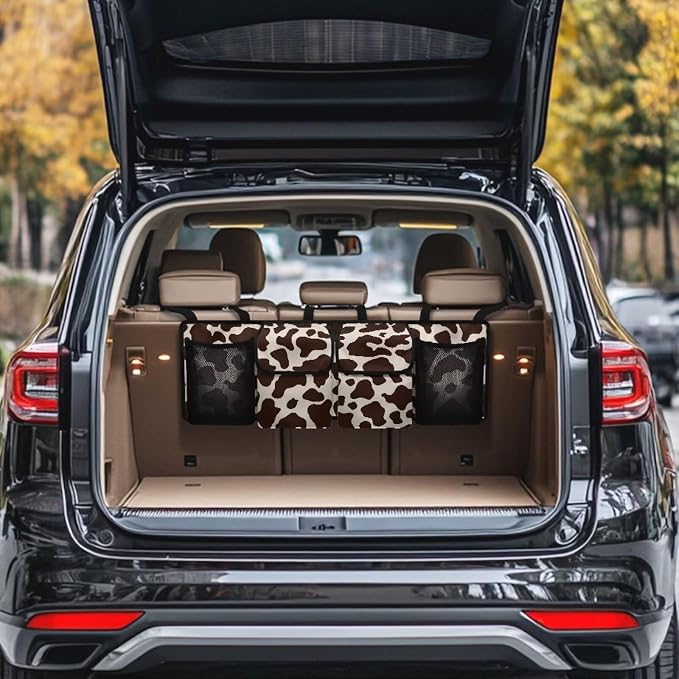 Cow Print Car Trunk Organizer SUV Accessories for Women Quick-Clean Back Seat Car Organizer, Machine Washable