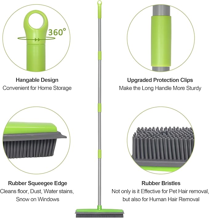 Rubber Broom and Pet Hair Removal Brush Set for Carpet, Fur Remover Broom with Squeegee for Wooden Floor, Detailing Lint Remover Brush for Pet Dog Cat Hair Car Interior