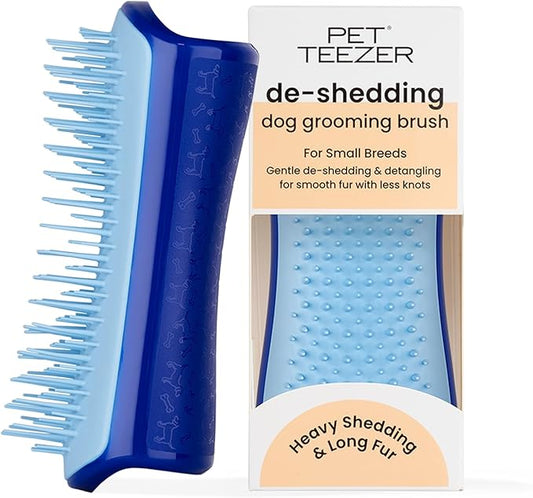 Pet Teezer De-Shedding Dog Brush by Tangle Teezer, Dog Grooming Tool for Short Haired Breeds and Wet or Dry Fur, Small, Navy & Sky Blue