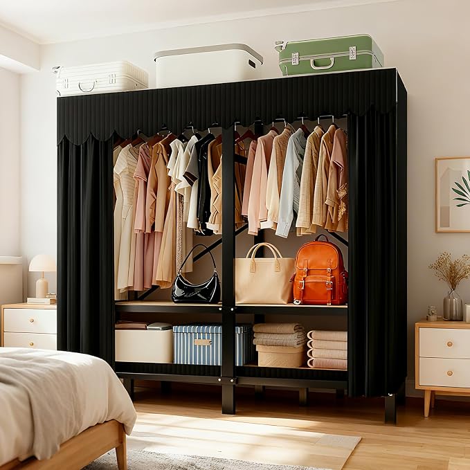 49.2in Heavy Duty Portable Closet, Foldable Wardrobe Closet with Cover, Metal Clothing Shelves for Clothes Organizers and Storage, for Bedrooms, Apartments, Rental Properties (Black, 49.2in)