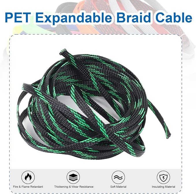 Heyiarbeit 10m/32.8ft PET Expandable Braid Cable Sleeving Flexible Wire Mesh Sleeve Black Fluorescent Green 6mm