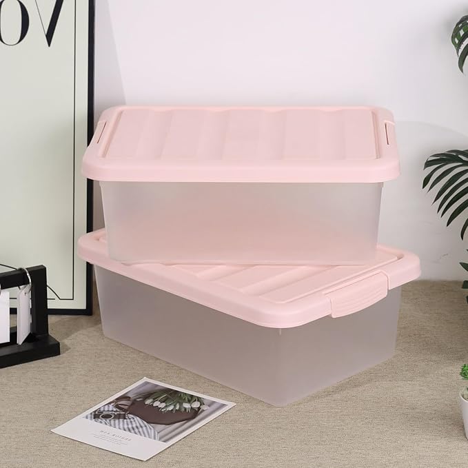 Wekioger Set of 2 Versatile Organizer Container Bin with Pink Lid, 14 Quart