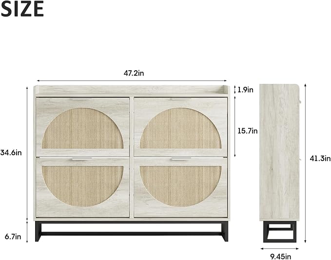 Maupvit Large Rattan Shoe Storage Cabinet with 4 Flip Drawers, Freestanding Shoe Organizer with Metal Legs for Entryway, Hidden Silver Handles, Narrow Shoe Rack Cabinet, Beige