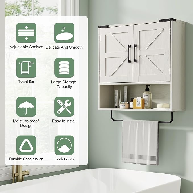 24" Bathroom Wall Cabinet with Barn Doors, Towel Bar & Sensor Light | 3-Color Motion Sensor LED / Double Barn Doors / Adjustable Shelf / Open Shelf / Built-in Towel Bar / Farmhouse Style