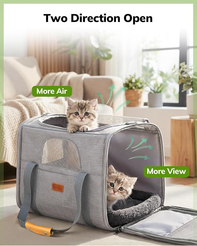 Morpilot Pet Carrier for Large Cats, Puppies & Small Dogs Up to 25lbs | Escape-Proof with Locking Zippers, Dual-Sided Cushion, Safety Buckle for Car &Vet Travel, Includes Foldable Bowl (Light Gray)