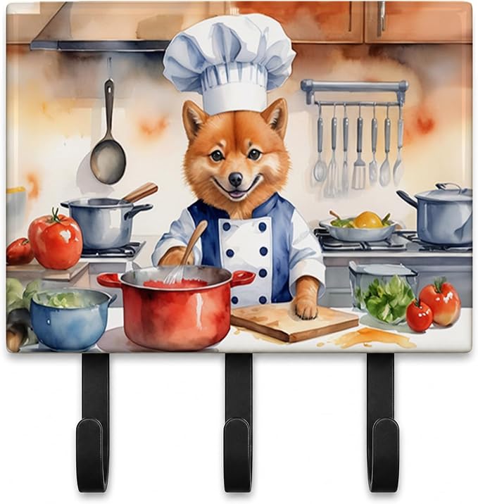 Caroline's Treasures Finnish Spitz The Chef Leash or Key Holder Wall Hooks, Key Hooks Holder, Coat Rack Wall Mount, Coat Hooks, Hooks for Hanging Keys, Towels, Aprons, Leashes | Finnish Spitz The Chef artwork on ceramic tile with three steel hooks for ...