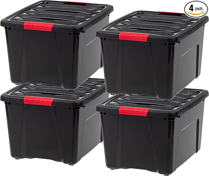 IRIS USA 4-Pack 40 Quart Storage Bins with Lids, Black | Black finish conceals stored items. Perfect for moving, blankets, clothing, and garage storage. Nestable design saves space