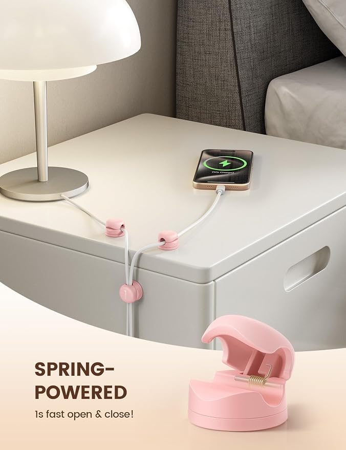 Lamicall 6 Pack Pink Rotatable Spring Cord Organizer Cable Clips | Women Girls Gift Gadget, Adhesive Cable Management for Desk Nightstand Wall, Office Home Dorm Decor, Charger Cord Holder