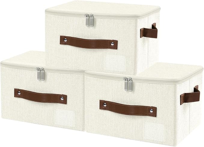 ANMINY Small Storage Box Fabric Bins with Zipper Lid, 10"x8"x7" Beige 3PCS | Keepsake Box, Decorative, Cotton Linen, Reinforced PP Board Frame, Washable, Stackable & Foldable, Label Holder & PU Handles