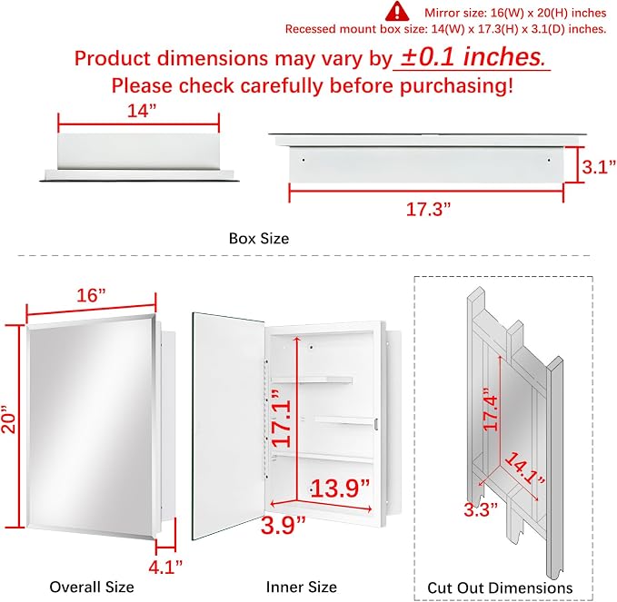 White Metal Medicine Cabinet, 16 x 20 Beveled Mirror, Surface Mount Storage | Beveled Mirror Bathroom Cabinet with Adjustable Staggered Shelves, Piano Hinge, Left/Right Swing & Matte White Powder Coating