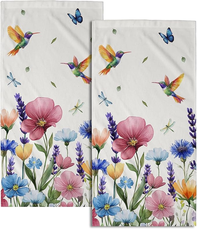 Giwawa Flower Hummingbird Hand Towels Set of 2 Floral Butterfly Soft Fingertip Towels Seasonal Kitchen Dish Towels for Bathroom Home Hotel Decor