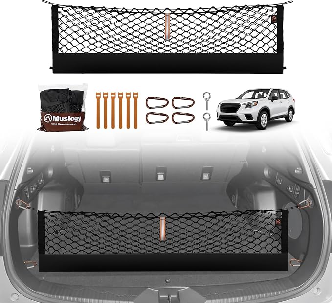 Muslogy Cargo Net for 2025 2026 Subaru Forester SK Accessories | Custom Fit, Trunk Storage Organizer Net for SUV Sedan Van Divider, with Heavy Duty Carabiners, Night Visible Grab Handle