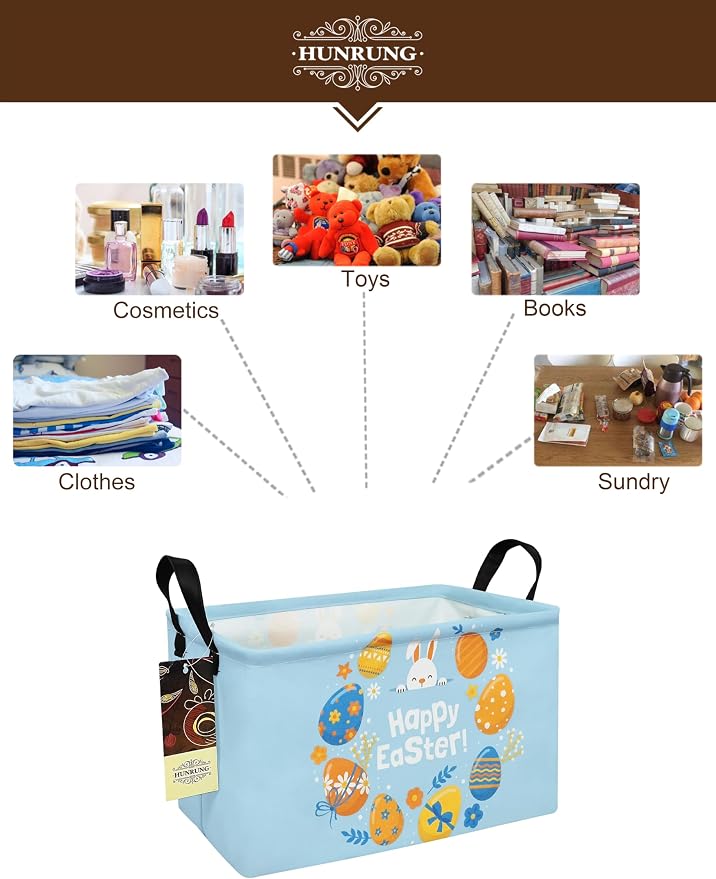 Rectangle Canvas Foldable Storage Basket for Nursery, Rabbit Easter Egg | Portable and collapsible cloth receptacle. Stores pet essentials, daily use items. Folds flat when not in use