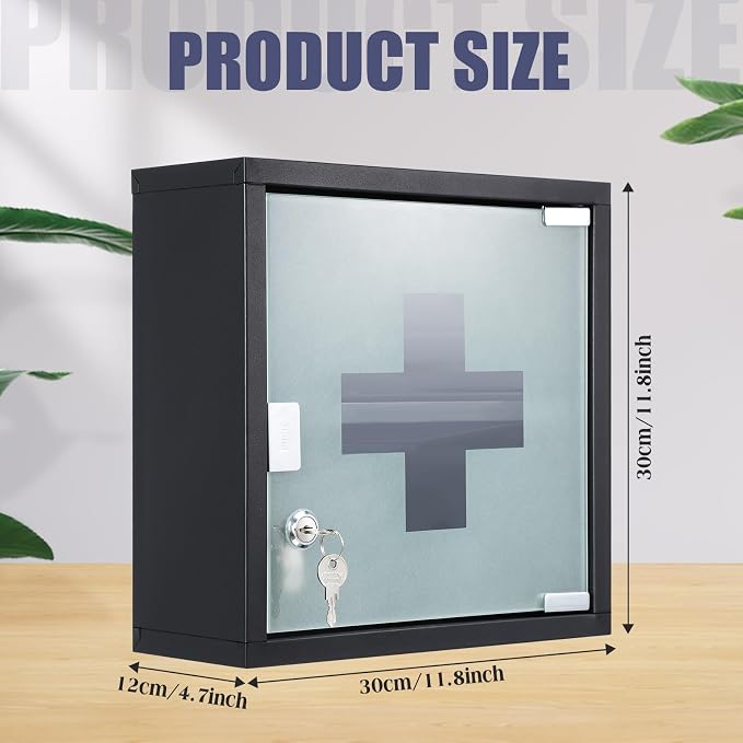 Timgle First Aid Wall Cabinet with Lock Medicine Wall Mounted Bathroom Storage Hanging Medical Cabinet with Safety Glass Door for Bathroom(2 Shelves,Black)
