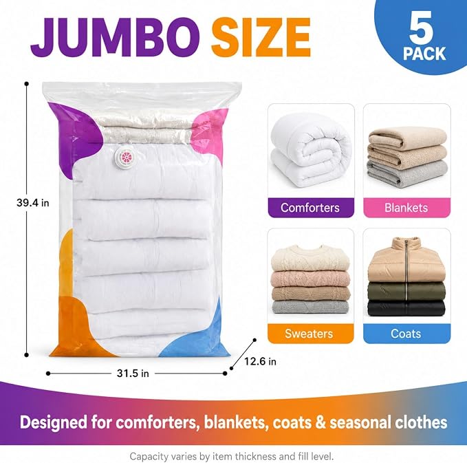 Vacuum Storage Bags, 5-Pack No-Pump 3D Cube Bags for Bedding | XXL standing compression bags for comforters, blankets and seasonal clothes; hand-press or vacuum compatible