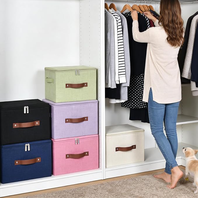 Storage Bins with Zipper Lid Decorative Lidded Storage Boxes | Collapsible Cotton Linen Fabric Storage Baskets, PU Leather Handle, Stackable Shelves Closet Organizer Container(Pink, Small)