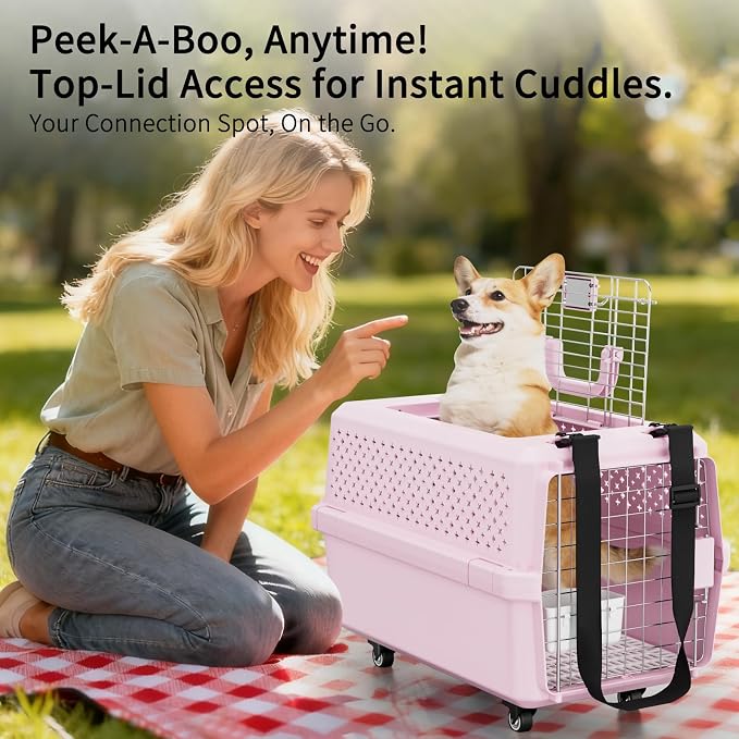 Hard-Sided Carrier: Opening Top Rolling Crate Ventilated 25 lbs | Smooth-Rolling Wheels & Pull Strap / Top Access Door / Spacious Interior / 360° Ventilation / Includes Feeding Bowl