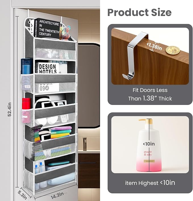 Over the Door Organizer with 10 Side Mesh Pockets,6 Shelf | 4 Shelf Capacity Hanging Behind the Door Kitchen Organizers&Storage Suitable for Storing Toys, Shoes, Towels, Dark Grey