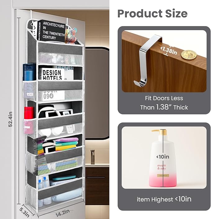 Easy Assembly Over The Door Organizer, 5 Shelves& 8 Side Pockets, Heavy-Duty Reinforced Mesh Rack Holds 44lb, Hanging Behind Door Storage for Bathroom Pantry, Nursery, Closet, Shoes, Towels- Dark Grey