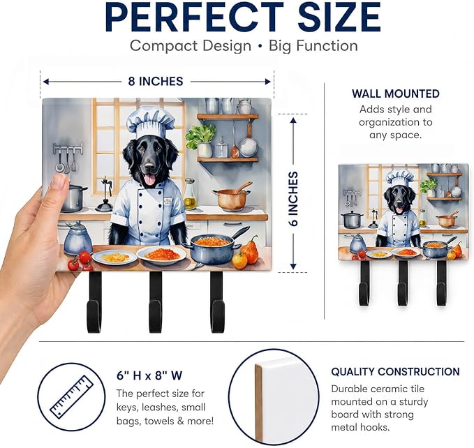 Caroline's Treasures Flat-Coated Retriever The Chef Leash or Key Holder Wall Hooks, Key Hooks Holder, Coat Rack Wall Mount, Coat Hooks, Hooks for Hanging Keys, Towels, Aprons, Leashes | Flat-Coated Retriever The Chef artwork on ceramic tile with three ...