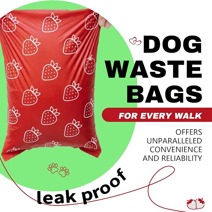 Strawberry Scented Dog Poop Bags - 8 Rolls 120 counts Leak Proof | Extra Large 13x9 Inch Red Dog poop bags rolls with Dispensers, Fragrance Bags for Dogs Walking and Cat Litter