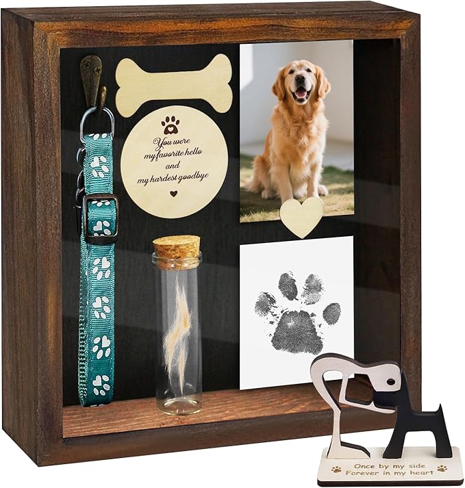 8.6'' Pet Shadow Box Memorial Gift with 1.8in Depth, Rustic Collar Holder Picture Frame Paw Print Kit Dog Cat Wooden Sculpture Pet Ashes Fur Jar Rainbow Sympathy Gift Tabletop Wall Hanging
