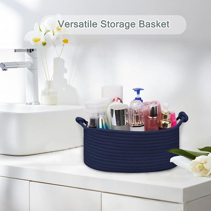 COMSE Small Gift Basket Empty with Bag & Ribbons, Solid Navy Blue | Cotton Rope, 12"x 8"x 5", Pet Toy Storage Organizer, Woven Basket for Birthdays, Baby Showers, Mother’s Day, Valentine’s Day