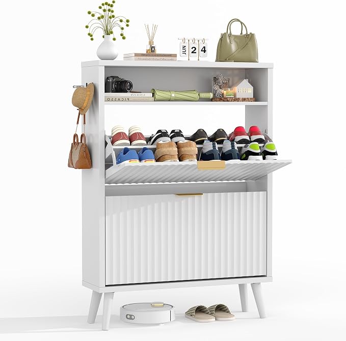 Shoe Storage Cabinet with 2 Flip Drawers for Entryway,Fluted Door | Narrow Shoe Storage Organizer Rack, Hidden Shoe Cabinet with Adjustable Shelves for Entryway, Hallway, Living Room,White
