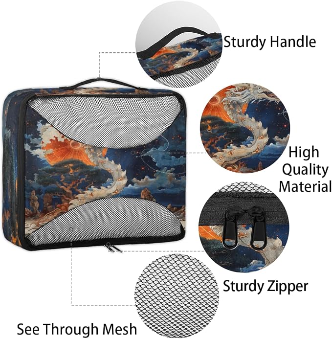 Dragon 4 Set Travel Packing Cubes for Accessories, Suitcase Organizers Luggage Bags Set with Double Zippers & Mesh Top