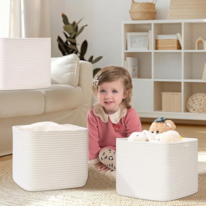 3 Pack Cube Storage Bin, 12”x12”x10” Cotton Rope Woven Baskets for Organizing Toys Clothes Towels, Square Gift Storage Baskets for Shelves, Nursery, Closet, Bathroom, Pantry (White)