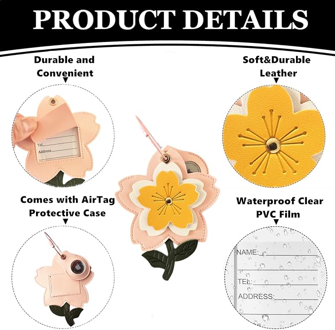PU Leather Luggage Tag with Airtag Holder Case Set and Name ID Label | Hidden Compartment for AirTag Travel Suitcase Tracking Case with Stainless Steel Loop,Cute Fruit Plant Animals Styles,sakura