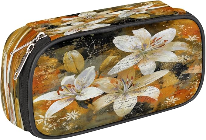 Vintage White Flower Pencil Case Pouch, Big Capacity Waterproof Pen Bag for Students Teens Adults, Large Storage Organizer for Stationery
