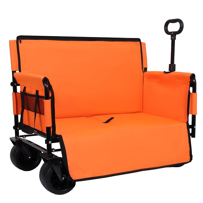 3-in-1 Pet Wagon Stroller with Bench Seat & Storage – Portable Travel Carrier for Dogs & Cats, 500Lbs Heavy-Duty Foldable Cart with All-Terrain Wheels for Camping, Park & Outdoor Use (Orange)