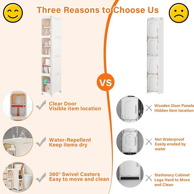 4-Tier Slim Bathroom Storage Cabinet, Tall Narrow Storage Cabinet with Movable Wheels, Adjustable Shelves, Skinny Bathroom Storage Organizer for Small Space, Bathroom, Kitchen, Laundry, Cream White