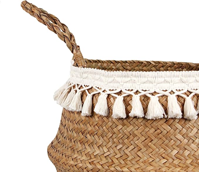 Boho Woven Seagrass Belly Basket for Storage Plant Basket or Toy Basket Living Bathroom (Medium, Beige)
