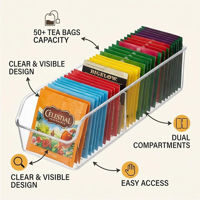 Tea Bag Organizer, Tea Bag Holder, Clear Plastic Tea Organizer for Cabinet, 2 Compartment Storage for Tea, Coffee, Sugar, Seasoning Packets, Fridge, Tabletop, Kitchen Countertop