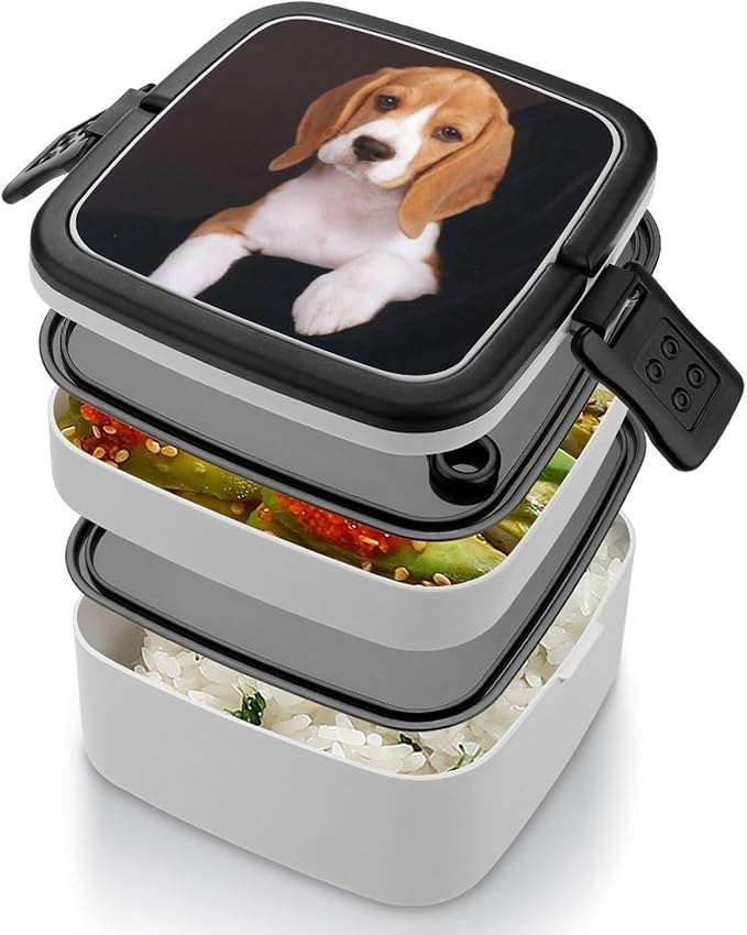 Ovely Pet Dog Beagle Double Layer Bento Box, 1000ml Stackable Leakproof Lunch Container with Spoon, Portable 2-Tier Food Storage Box for Office Work Picnic Camping and Travel