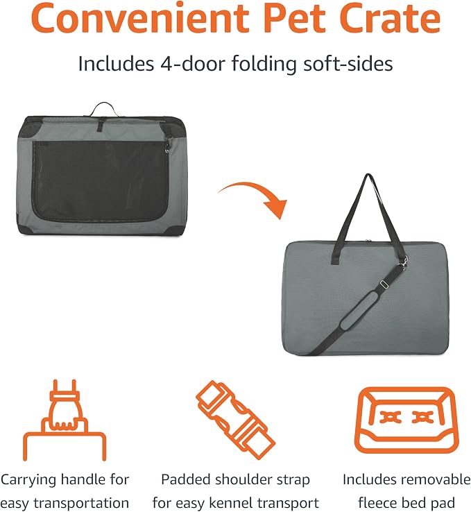 Amazon Basics Portable Folding Soft Dog Crate, 4-Doors, Collapsible Travel Kennel for Cat, Dog, and Small Animals, Quick Setup, Small 26" x 18" x 18", Grey