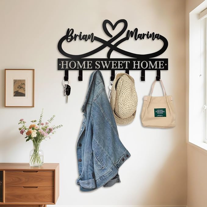Personalized Couple Key Holder for Wall, Custom Heart Name Hooks | Heart infinity metal key rack for bedroom decor, rust-resistant finish, ideal wedding, anniversary and new home gift