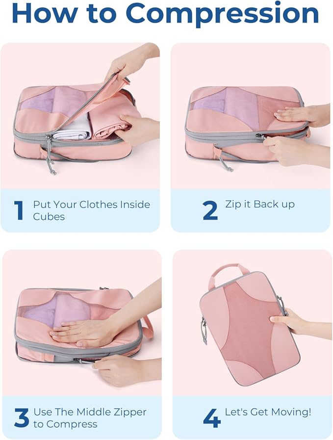 Bagsmart Compression Packing Cubes, Travel Bag Cruise Ship Essentials | Lightweight, Compressible Suitcase Organizer Set fit Standard Carry-On & Checked Luggage, 6 Set, 14 Set Washable Packing Bags