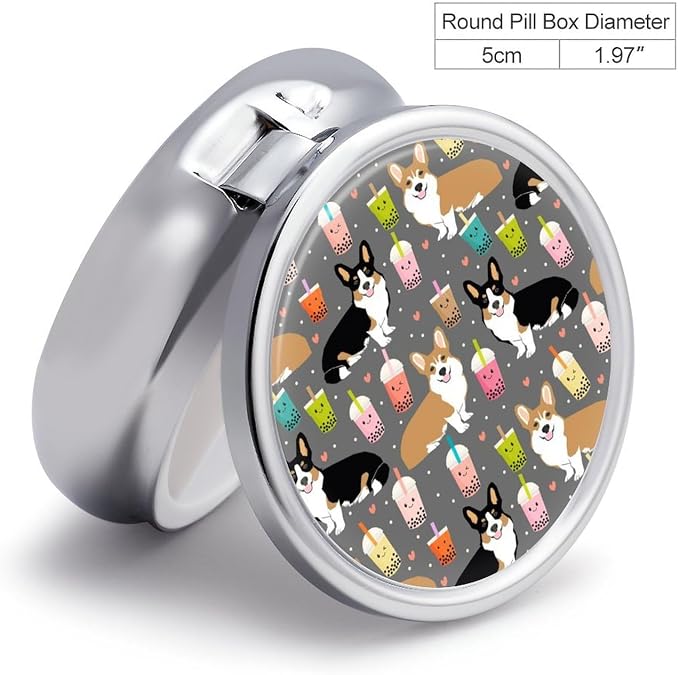 3 Compartment Round Pill Box Portable Metal Travel Pill Organizer | Cute Corgi Pet Pill Case to Hold Vitamins, Medication, Fish Oil and Supplements, Ideal for Purse & Pocket