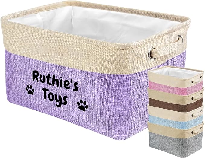 Custom Dog Basket for Toys Collapsible Storage Bin Grey Brow Pink Purple Blue Rectangular Pet Storage Organizer Box with Handles Medium Personalized Pet's Name