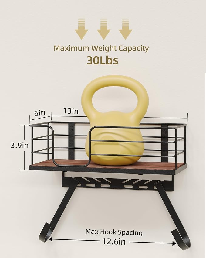 THYGIFTREE Ironing Board Hanger Wall Mount Adjustable Hooks Fits T & Y Shaped Boards, Iron Holder Metal Frame with Wood Shelf for Laundry Room Organization, Holds Iron, Steamer & Accessories