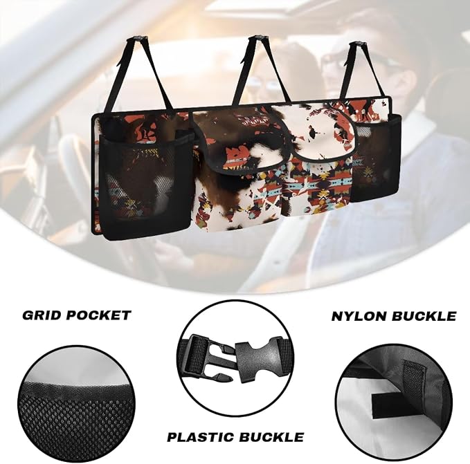 Car Organizers Storage Bag - Brown Cow Print Car Accessories Eco-Friendly Hanging Trunk Organizer, Back Seat Storage Bag