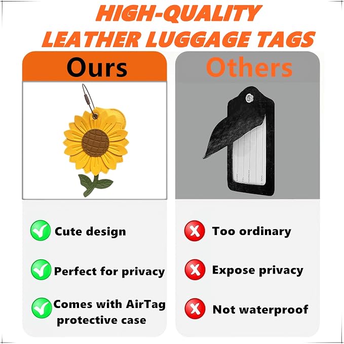 PU Leather Luggage Tag with Airtag Holder Case Set and Name ID Label | Hidden Compartment for AirTag Travel Suitcase Tracking Case with Stainless Steel Loop,Cute Fruit Plant Styles,Sunflower
