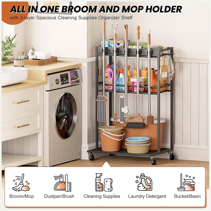 Broom Holder with Cleaning Supplies Organizer, Broom Closet Storage Cabinet with Mop Hanger Gripper Rack Hooks, Cleaning Housekeeping Janitorial Cart with Cleaning Caddy, Laundry Room Organization