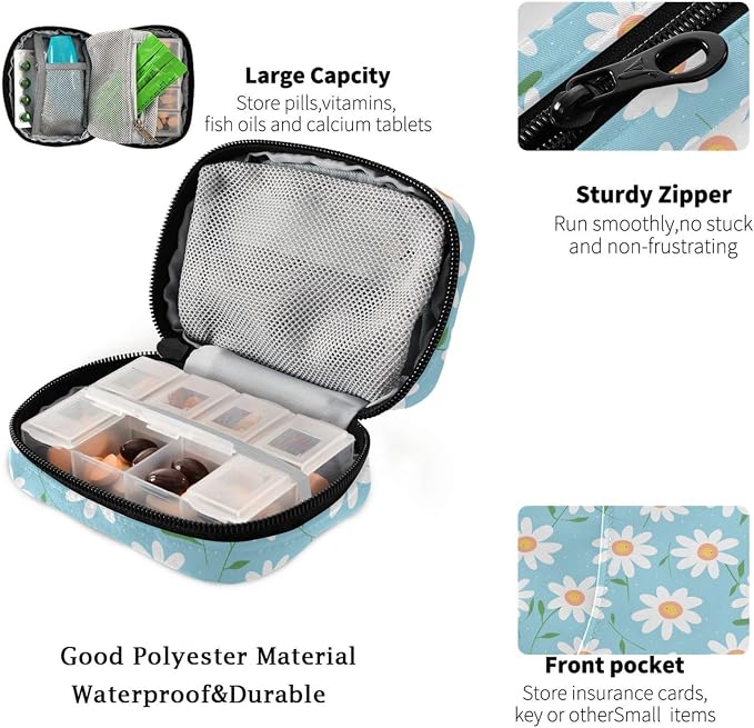 Fustylead Cartoon Daisy on Light Blue Background Pill Organizer for Purse, Weekly Portable Pill Box with Zipper to Storage Vitamins Fish Oils Medications Supplements