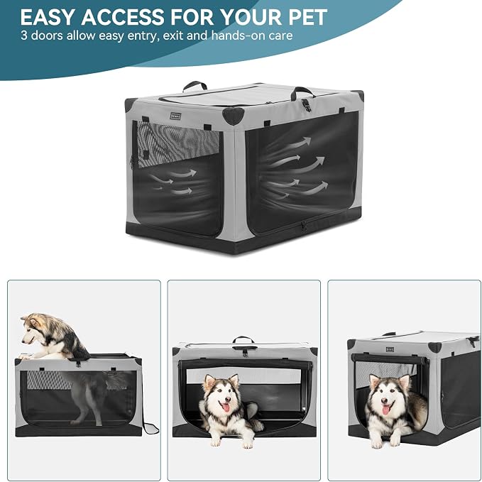 PETSFIT 40" Soft Portable Dog Crate – Patented Spiral Sturdy Frame, Collapsible Travel Kennel for Large Dogs, 3 Mesh Door, Lockable Zippers, Indoor & Car Use Gray